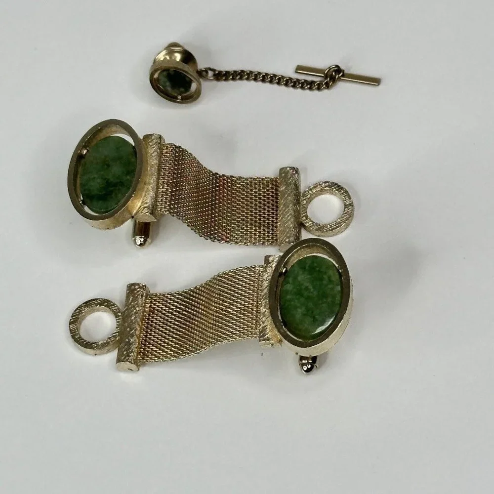 Dante Gold Tone Mesh Cufflinks & Tie Tack Set Green Stone Vintage Mens